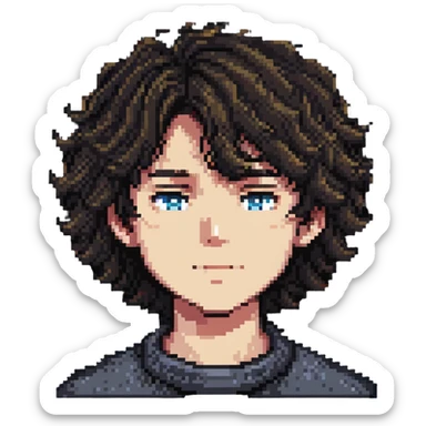boy with slightly wavy hair designed as a letter stamp sticker