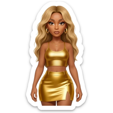 Beyonce with long blonde hair, gold metallic crop top, gold metallic skirt, gold earrings sticker
