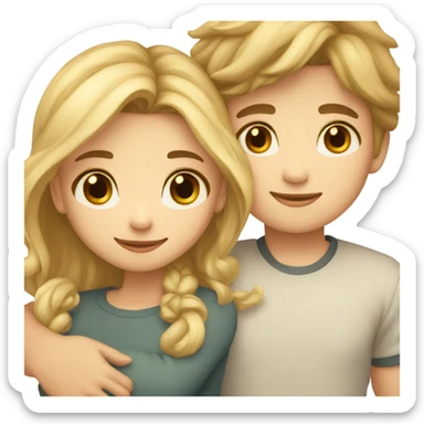 Cute boy with brown hair and cute girl with blonde hair hugging sticker
