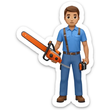A man with a blue shirt and brown pants holds a chainsaw and a shotgun  sticker