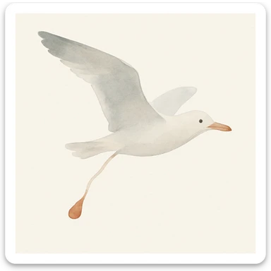 a seagull flying while pooping, watercolor art style, soft and artistic sticker