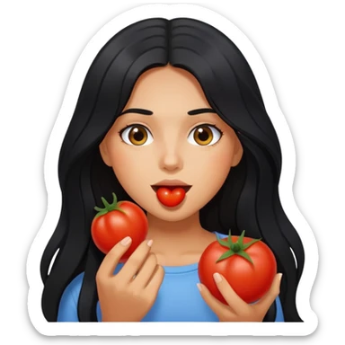 Pretty tanned girl with long black hair, eating tomatoes sticker