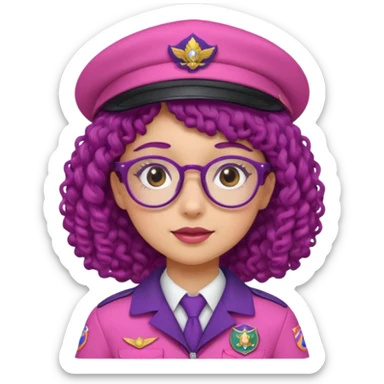 scout girl with very pink scout uniform including hat, dark purple curly haired and glassess sticker