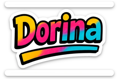 Dorina name in modern colorful gradient font with dark outline, dynamic slanted or partial underline, in the style of reference patterns sticker