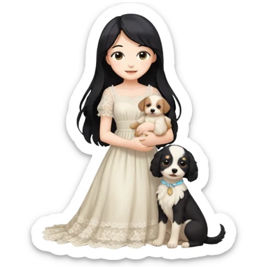 Pastel anime lady long hair with long lace dress full body holding puppy sticker