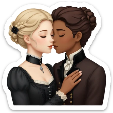 Victorian era lesbian couple kissing tenderly, eyes closed, different hair colors, wearing elegant dark period clothing sticker