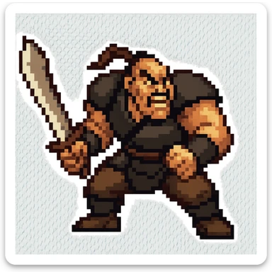 Show Shan Yu in a dynamic battle stance, full body, holding a weapon, looking seriously pissed off, transparent background, in the style of pixel art sticker