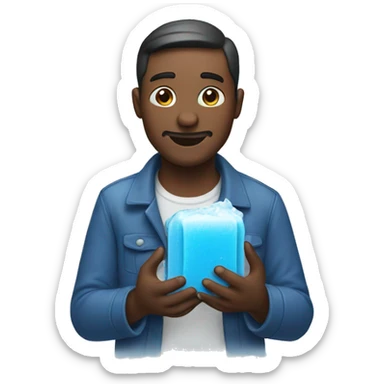 Man holding blue soap sticker