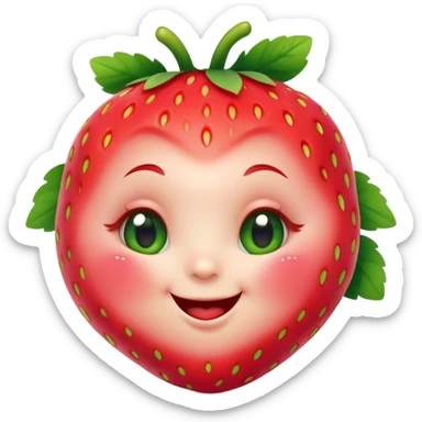 Cinematic plump happy strawberry, glossy bright red, tiny round eyes and blushing cheeks, green leafy top slightly tilted, cheerful and charming. sticker