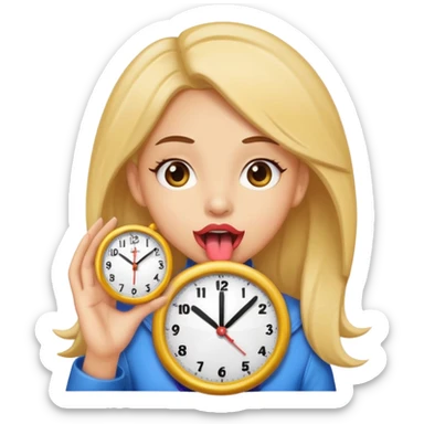 Light skin girl with her tongue out holding a clock sticker