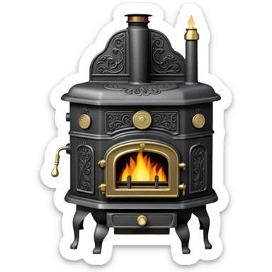 An antique cast iron coal stove from the 1900s with ornate details, small fire visible inside, black metal with brass accents sticker