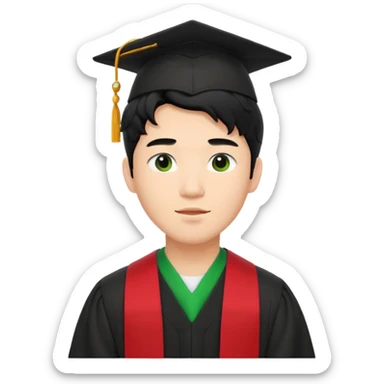 College Graduate asian black hair with wavy hair long  with black red stash with green benilde on the middle sticker