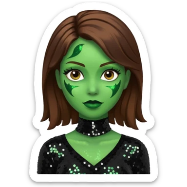 The Wicked Witch from Oz with green skin, brown hair, black sequin outfit sticker