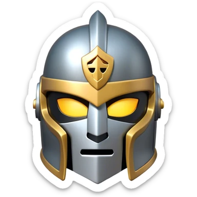 Clash of Clans aesthetic: Cinematic heroic Steel full face Helm Emoji, rendered in a 3D vector-style similar to standard emojis with minimal shading and bold, simplified shapes. A compact, isometric helmet crafted of shining steel with intricate engravings and a protective visor, softly glowing with a noble warrior charm. Simplified yet unmistakably iconic, highly detailed and consistent, glowing with a soft radiant gleam and high polish. Stylized with a touch of chivalric tradition and a soft glowing outline, capturing the essence of a stalwart battle helm with a friendly, playful manner! sticker