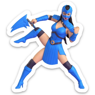 Kitana from Mortal Kombat 3, blue warrior with mask and fans, combat pose, 3D emoji style sticker