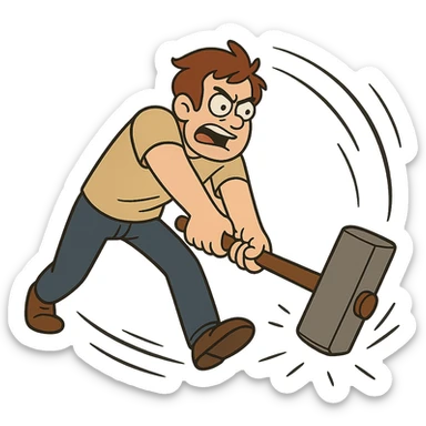a character swinging a sledgehammer forward, dynamic action pose, energetic cartoon style, motion lines sticker