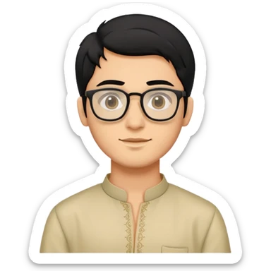 young man with wheatish skin tone, black hair, wearing kurta with rectangle glasses sticker