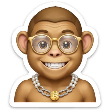 rich monkey with glasses smiling with diamond grillz and a bitcoin golden chain with diamond pearls sticker