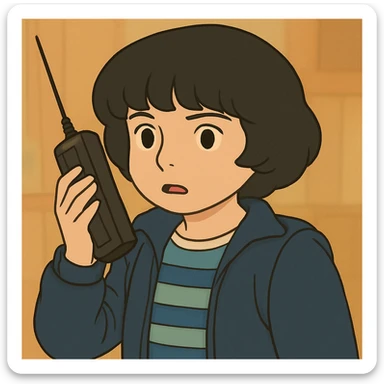 Mike Wheeler with a voluminous bowl haircut, wearing iconic first season clothes (blue striped shirt and jacket), simple and delicate line art, colored in pastel tones, with thick and dark outlines, in Ghibli style, 1:1 format. sticker
