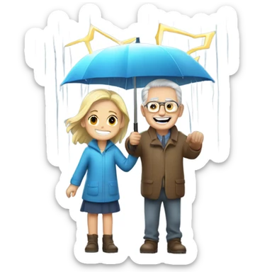 happy girl and old man in the rain with lightning sticker