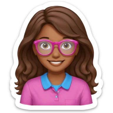 Una chica color de piel sea morena ligado con blanco ojos cafés una sonrisa 🙂 cabello largo ondulado y café camisa de color rosa y lentes de ver azules  sticker