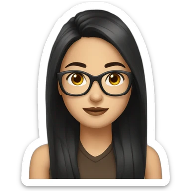 generate emoji unrussian girl with long black hair, glasses, dark-black hair, brown eyes sticker
