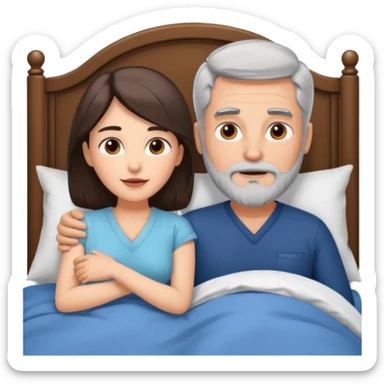 Grey haired man with beard, and brunette woman in bed  sticker
