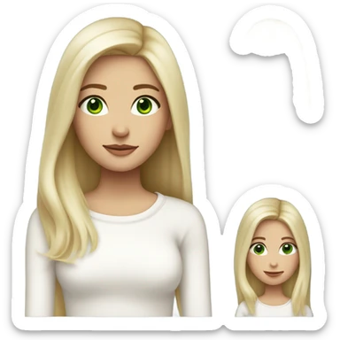 solo blonde skinny girl with green eyes, smooth skin, white sweater, long blow out hair, baddie, middle part sticker