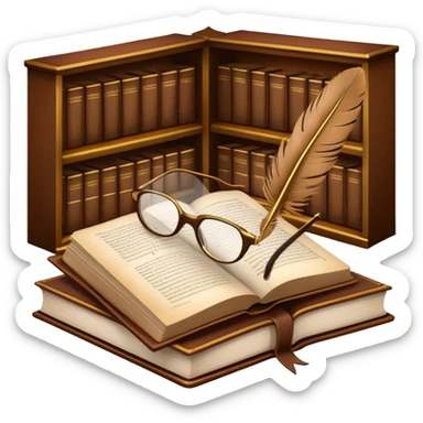 An icon featuring an open book with classic text, a feather quill, and reading glasses, symbolizing literary studies. The design includes old library shelves and vintage manuscripts in the background. Transparent background emphasizes the deep analysis of written works and literary history. sticker