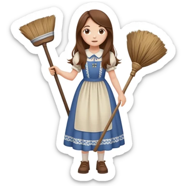 girl with long brown hair in cottagecore dress, pointing accusingly with a broom sticker