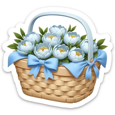 White Picnic basket with light blue bow and white peonies inside sticker