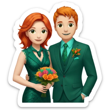  The man, with red hair and visible snake scales, wears a dark green suit with a green tie and an orange boutonnière. The woman, with blonde hair, wears a turquoise ballgown with lace details and holds a colorful tropical bouquet. They smile at each other.  sticker