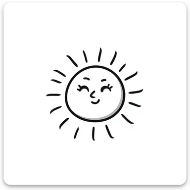A hand-drawn doodle of a sun with a smiling face, in the style of Notion icons sticker