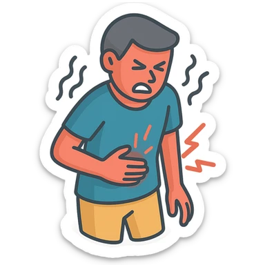 A half-body figure holding their stomach, writhing in pain with waves of pain around them, in 2d-isometric style with shadows and highlights. Focus on torso, stomach, arms, and expression of pain. Variant similar to the second in the previous series but with one hand on the stomach and the other on the side. Transparent background. sticker