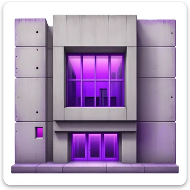 Brutalist concrete building with single vibrant purple window illuminated from within sticker