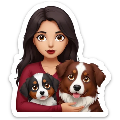One latina girl with long beautiful dark hair and dark eyes in a dark red v neck and makeup with her dog which is a black brown and white tri colored  Australian shepherd large sticker