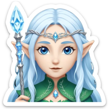 Legendary fantasy Christmas elf portrait icon, Santa Claus and Snow Maiden inspired, ancient winter spirit style, long flowing white-blue hair, glowing frost eyes, crystal staff, elegant elven features, divine winter magic aura, icy silver color palette, highly detailed but clean emoji icon sticker
