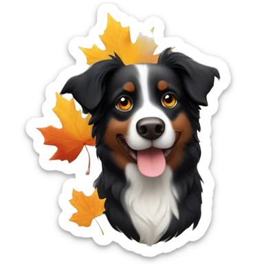 Small black australian shepherd dog wearing autumn leaves sticker