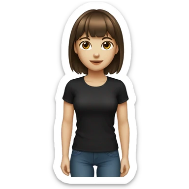 A girl with short brown hair with bangs, brown eyes, black T-shirt, fair skin. Works as a designer sticker