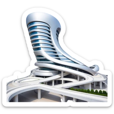 Realistic Dongdaemun Design Plaza (DDP) Landmark Emoji, featuring the iconic curving silver structure with futuristic architecture, illuminated pathways, and a sleek modern design set against the Seoul cityscape. sticker