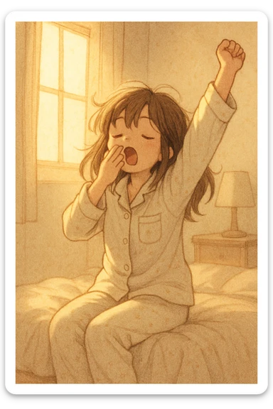 a sleepy girl with brown hair stretching and yawning, just out of bed, cozy morning light sticker