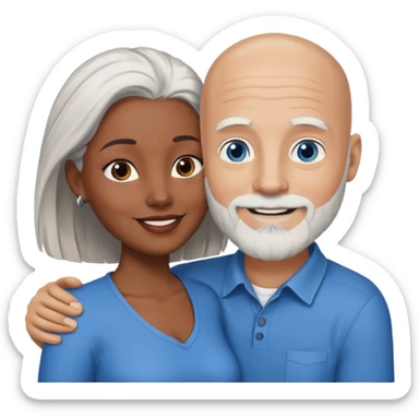 Talk bald white man with a white beard and blue eyes lovingly holding a black woman with brown eyes and grey hair sticker