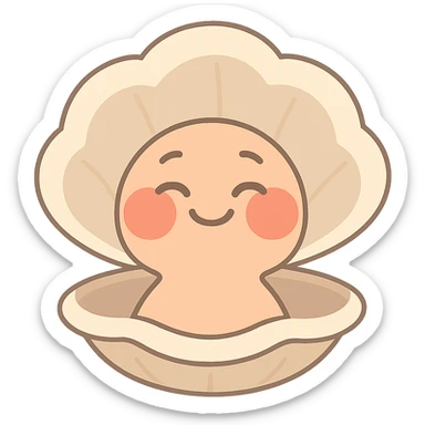 Create a cute oyster with a kind but affirmed expression, very red cheeks, using cream, peach, and greige colors. The style should be pastel toon. Make the background transparent. sticker