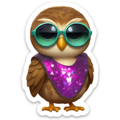a rowlet brown owl emoji with sunglasses and a 80s disco outfit on sticker