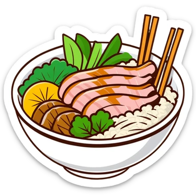 A Vietnamese Bún Thịt Nướng dish with rice noodles, grilled pork, fresh herbs, and vegetables in a bowl sticker