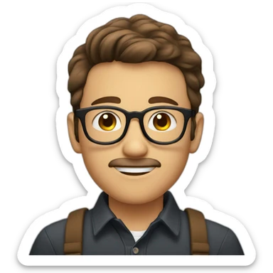 young Man with round glasses, short brown hair, bushy moustache sticker