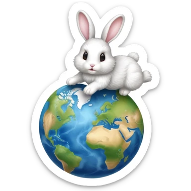 Bunny running on top of a globe of the earth sticker
