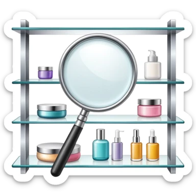 front view magnifying glass over beauty product shelf searching for last item sticker