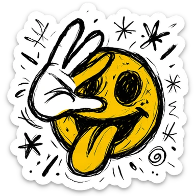 yellow emoji face sticking out tongue, one hand covering both eyes, fingers splayed, playful and silly sticker