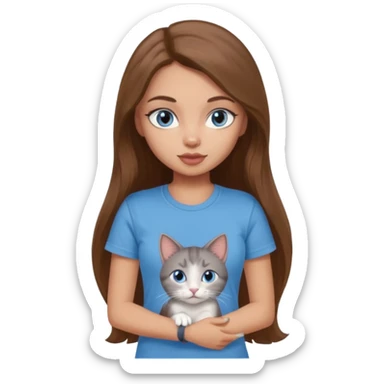 a pretty bratz dusky light skin girl with long brown hair, blue eyes with six cats nd wearing a grey tshirt sticker